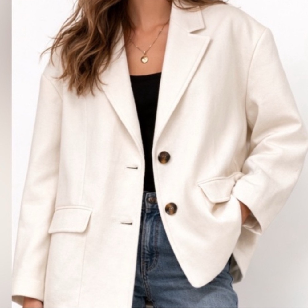Cream Blazer Women Medium Minimalist Office Jacket Neutral Workwear H&M